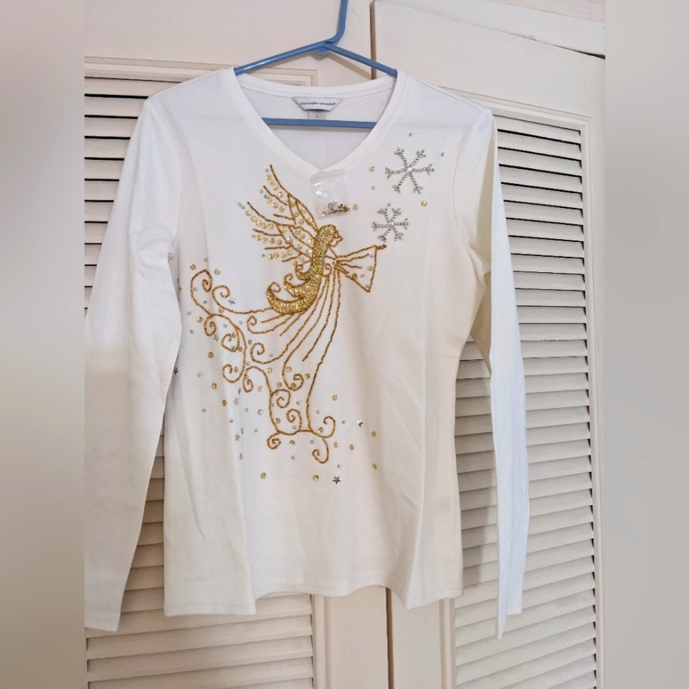 Christopher & Banks ivory knit top angel gold sequins beads silver snowflakes S